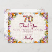 70th Birthday Thank You – Elegant Floral Design ポストカード (正面/裏面)