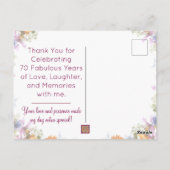 70th Birthday Thank You – Elegant Floral Design ポストカード (裏面)