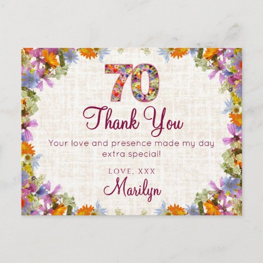 70th Birthday Thank You – Elegant Floral Design ポストカード (正面)