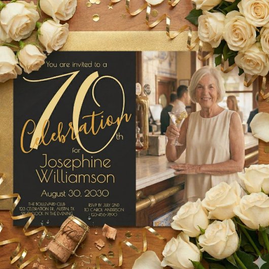 70th Celebration Photo Black Gold 70th Birthday 招待状