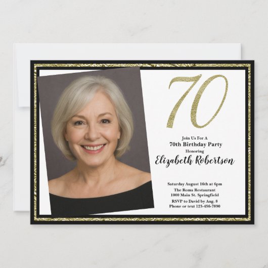 70th Custom Photo White Black and Gold  招待状 (正面)