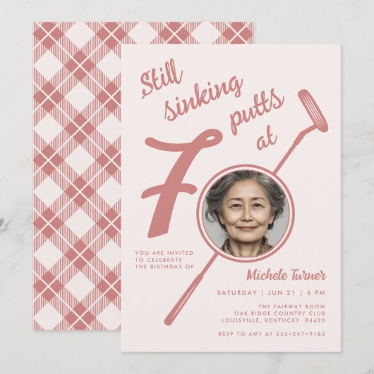 70th Golf Theme Birthday Party Photo Modern Pink 招待状 (正面/裏面)