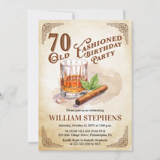 70th Old Fashioned Whiskey Cigar Birthday Party 招待状 (正面)