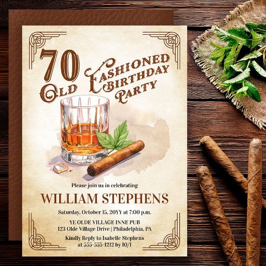 70th Old Fashioned Whiskey Cigar Birthday Party 招待状