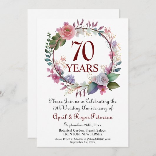 70th Platinum Wedding Anniversary Floral 招待状 (正面/裏面)