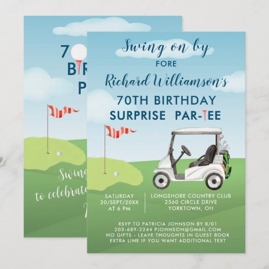 70th Surprise Birthday Party Men's Golf Theme 招待状 (正面/裏面)