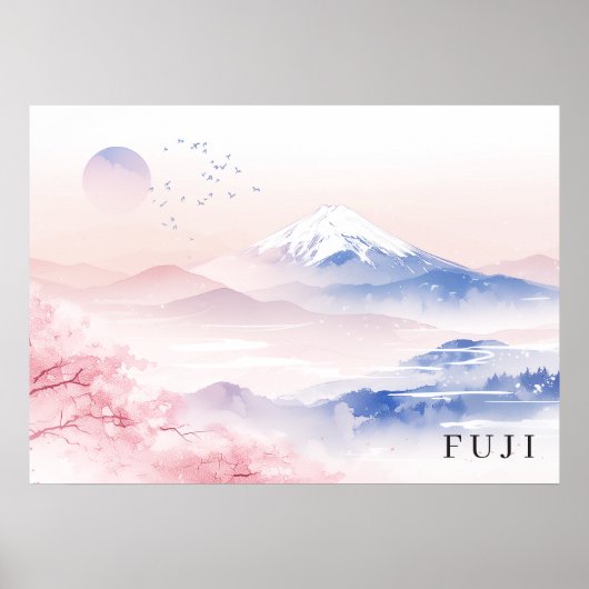 70x50cm(28x20")Mt. Fuji&Cherry Blossoms Watercolor ポスター (正面)