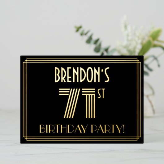 71歳の誕生日パーティー — アートデコスタイル 「71」+ 名前 箔招待状 (立ち正面)