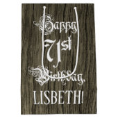 71歳の誕生日：おしゃれな偽木調 + オーダーメイドネーム ミディアムペーパーバッグ (裏面)