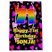 71歳の誕生日: 愛情あふれるハート柄、虹色 # 71 ミディアムペーパーバッグ (正面)