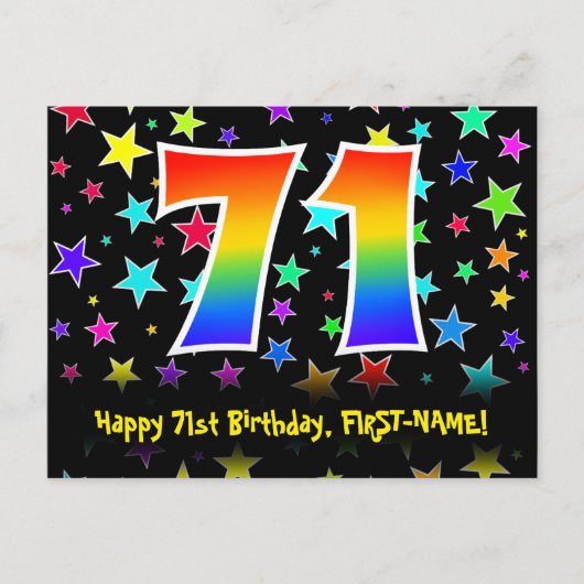 71歳の誕生日:楽しいスター柄、虹71、名前 ポストカード (正面)