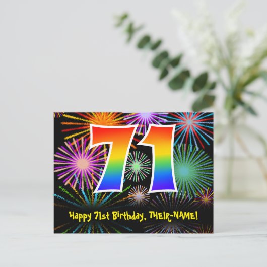 71歳の誕生日 – 楽しい花火模様 + 虹71 ポストカード (スタンド正面)