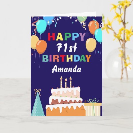 71番目のハッピーバースデーバルーンケーキネービーブルー カード (黄色い花)