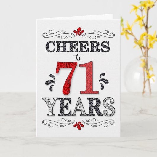 71番目の誕生日応援の赤い白の黒いパターン カード (黄色い花)