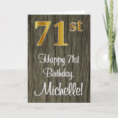 71番目の誕生日:エレガントフェイク金ゴールドルック#、フェイク木材 カード (正面)