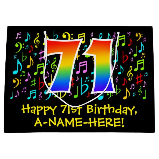 71番目の誕生日-カラフル音楽シンボル， Rainbow 71 ラージペーパーバッグ (正面)