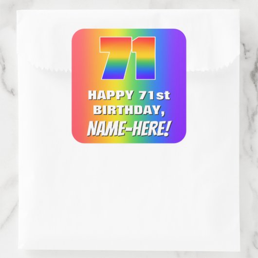 71番目の誕生日: カラフル、おもしろいレインボーパターン# 71 スクエアシール (バッグ)