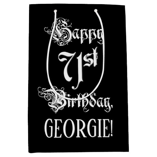 71番目の誕生日: ファンシー、スクリプエレガントト+名前をカスタムする ミディアムペーパーバッグ (正面)