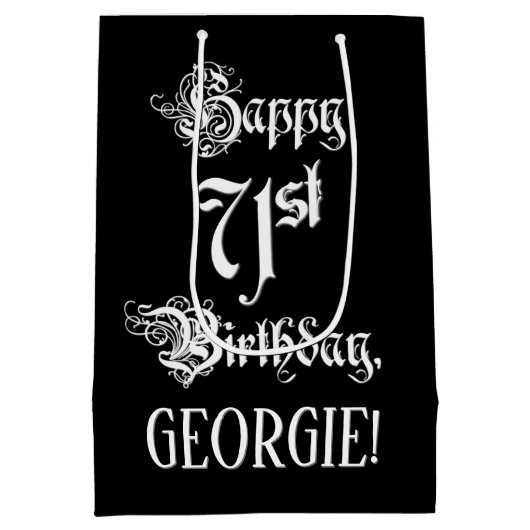 71番目の誕生日: ファンシー、スクリプエレガントト+名前をカスタムする ミディアムペーパーバッグ (裏面)