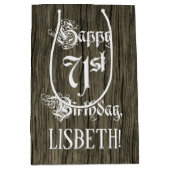 71番目の誕生日: ファンシー、フェイクWood Look +名前をカスタムする ミディアムペーパーバッグ (正面)