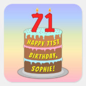 71誕生日:おもしろいケーキとキャンドル+名前をカスタムする スクエアシール (正面)
