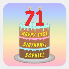 71誕生日:おもしろいケーキとキャンドル+名前をカスタムする スクエアシール