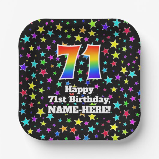 71誕生日:おもしろい星模様と虹"71" ペーパープレート (正面)