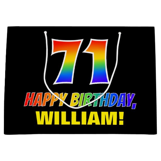 71誕生日:はっきりした,おもしろい,シンプル虹， 71 ラージペーパーバッグ (正面)