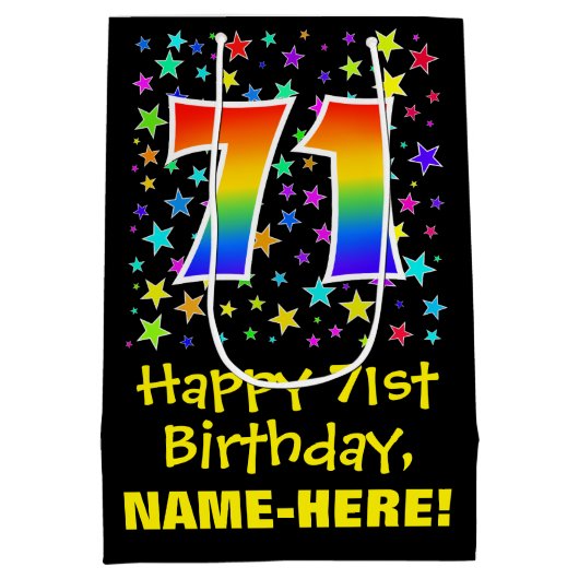 71誕生日:カラフルスターズパターン&レインボー71 ミディアムペーパーバッグ (裏面)