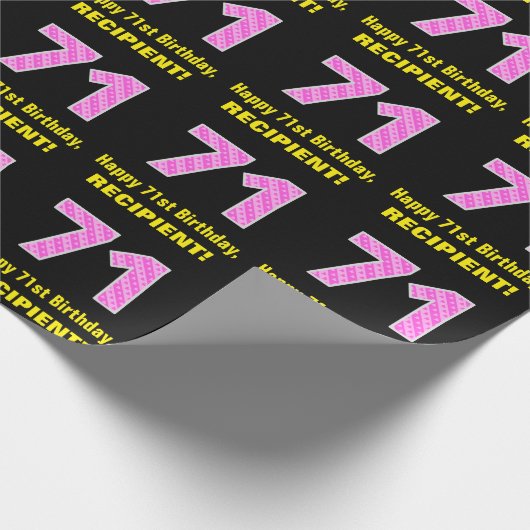 71誕生日:ピンクストライプのハートと「71」 +名前 ラッピングペーパー (角)