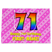71誕生日：ピンクストライプのハート、レインボー# 71 ラージペーパーバッグ (正面)