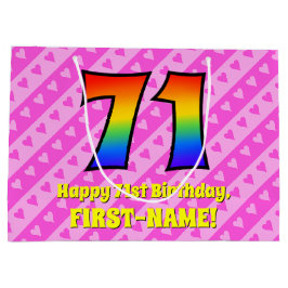 71誕生日:ピンクストライプのハート、レインボー# 71 ラージペーパーバッグ