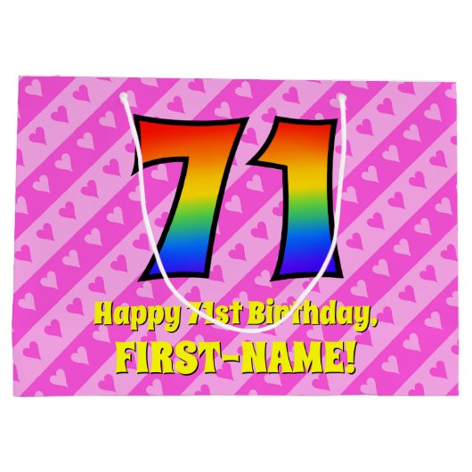 71誕生日：ピンクストライプのハート、レインボー# 71 ラージペーパーバッグ (裏面)