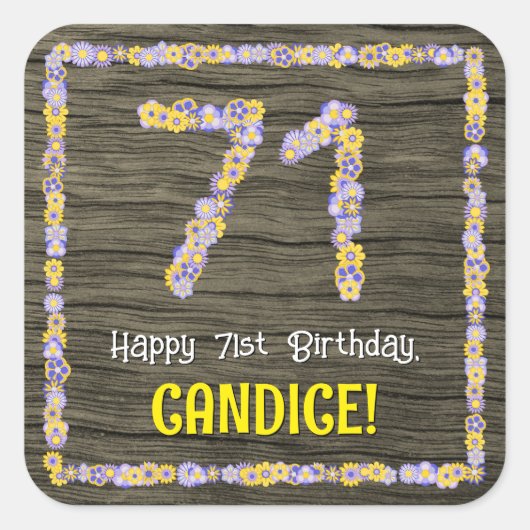 71誕生日:フローラ番号、フェイク木目、名前 スクエアシール (正面)