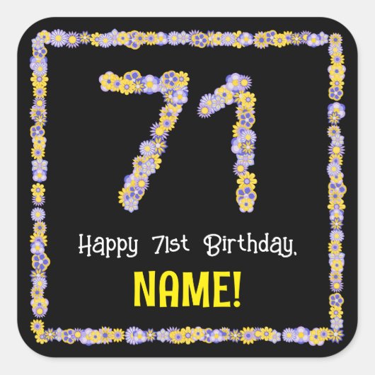 71誕生日:フローラ花数、名前をカスタムする スクエアシール (正面)