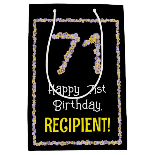 71誕生日:フローラ花数、名前をカスタムする ミディアムペーパーバッグ (正面)