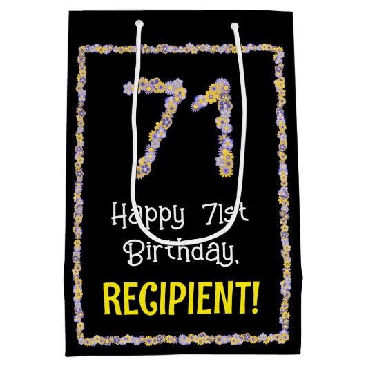 71誕生日:フローラ花数、名前をカスタムする ミディアムペーパーバッグ (裏面)