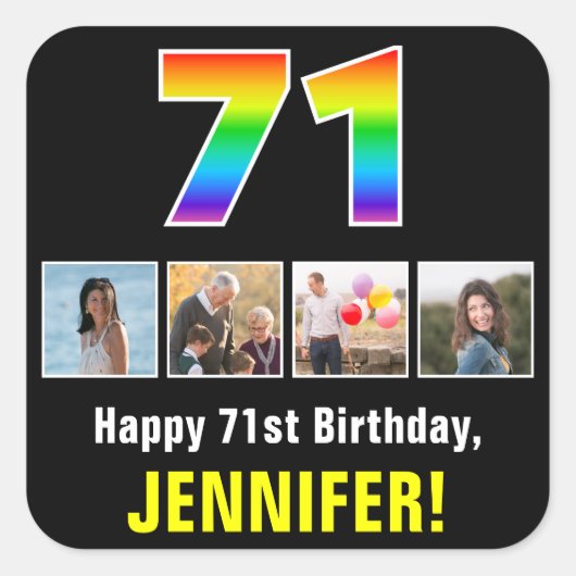71誕生日：レインボー「71」、写真カスタムと名前 スクエアシール (正面)