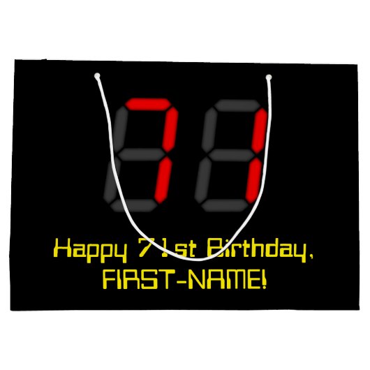 71誕生日：レッドデジタルクロックスタイル「71」 +名前 ラージペーパーバッグ (裏面)