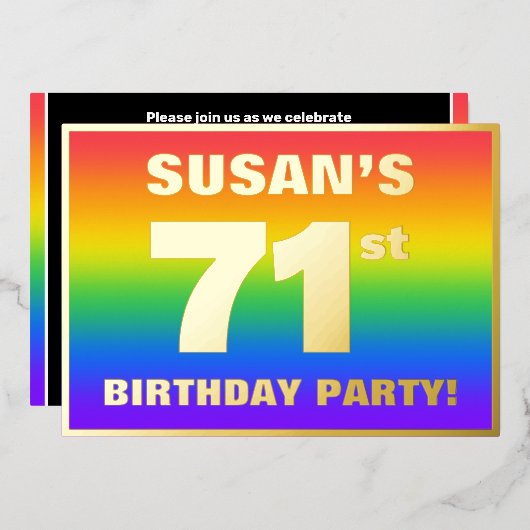 71st Birthday Party: Fun, Colorful Rainbow Pattern 箔招待状 (正面/裏面)