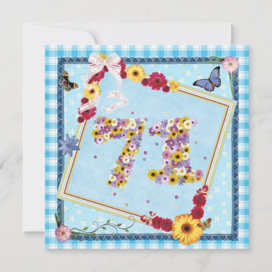 71th誕生日パーティー招待の花、蝶 招待状 (正面)