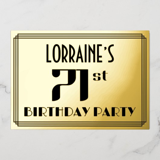 71th誕生日パーティー:アールデコの外観"71"と名前 箔招待状 (正面)