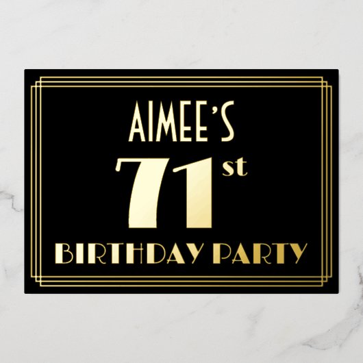 71th誕生日パーティー:アールデコを見る"71",名前と 箔招待状 (正面)