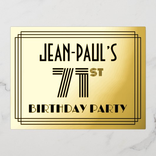 71th誕生日パーティー~アールデコスタイル「71」 +名前 箔招待状ポストカード (正面)