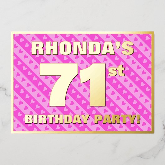 71th Birthday Party —おもしろいピンクのハートとストライプ 箔招待状 (正面)