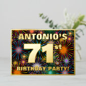 71th Birthday Party —おもしろい、カラフルFireworks Look 箔招待状 (立ち正面)