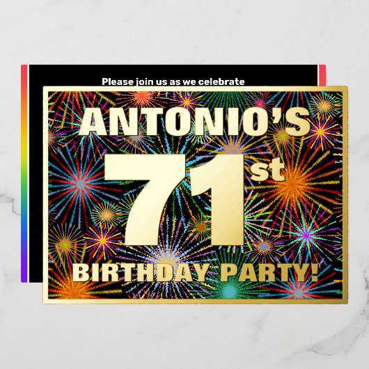 71th Birthday Party —おもしろい、カラフルFireworks Look 箔招待状 (正面/裏面)
