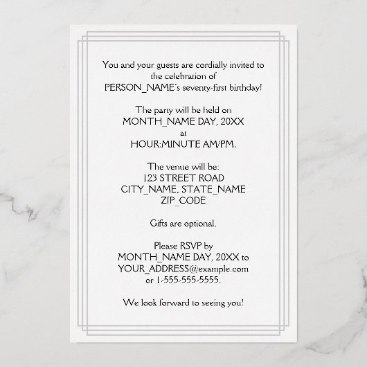 71th Birthday Party – スクリプファンシートと名前をカスタムする 箔招待状 (裏面)