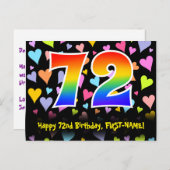72歳の誕生日おめでとう:楽しいハート柄、虹72 ポストカード (正面/裏面)