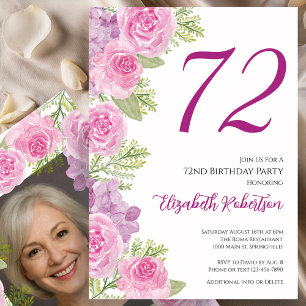 72歳の誕生日カスタムフォトテンプレート ピンクのバラ 招待状